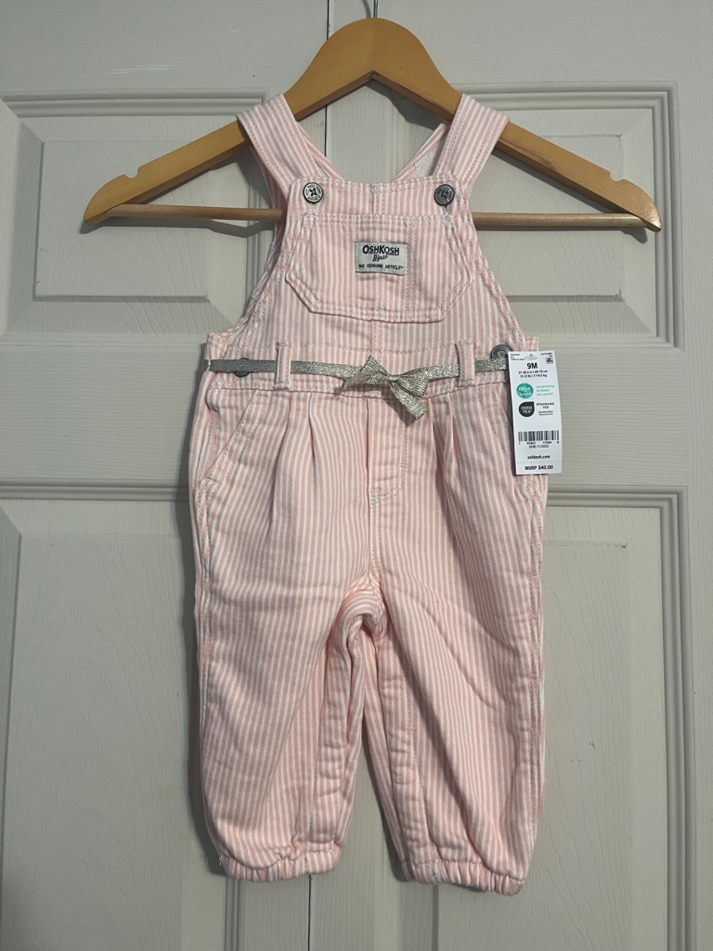 OshKosh B'gosh Pink and White Striped Overalls with Bow
